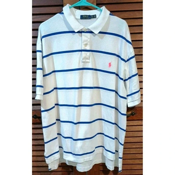 POLO Ralph Lauren Shirt White Royal Blue Stripe Size 2‎ XB Logo Polo Style Shirt