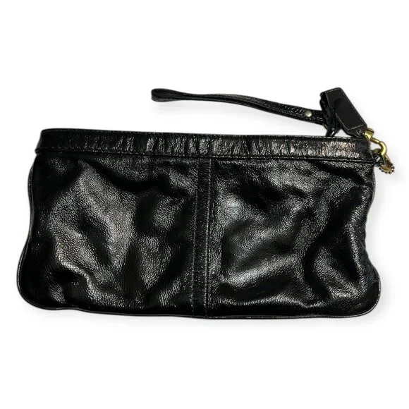 COACH Black Leather Wristlet Clutch Pouch Vintage Brass Hardware Zippered Wallet