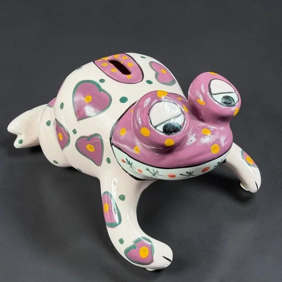 Ganz Bella Casa Ceramic Frog‎ Piggy Bank Hand Painted Hearts Polka Dots Pink