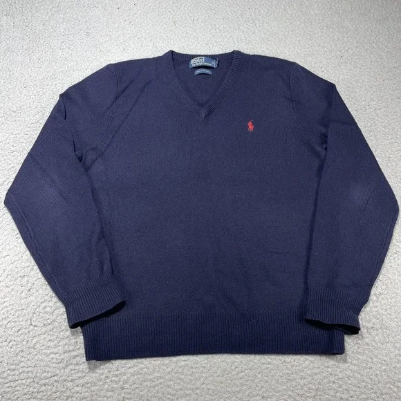 Polo‎ Ralph Lauren Sweater Mens Large Blue Lambswool V Neck Pullover Pony Logo