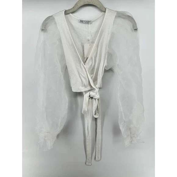 Zara White Ribbed Sheer Puff Sleeve Top longsleeve blouse size S #B