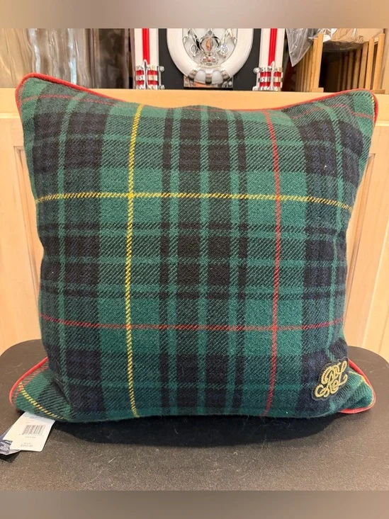 Ralph Lauren Home Green Black Tartan Plaid Wool Pillow with Gold Monogram