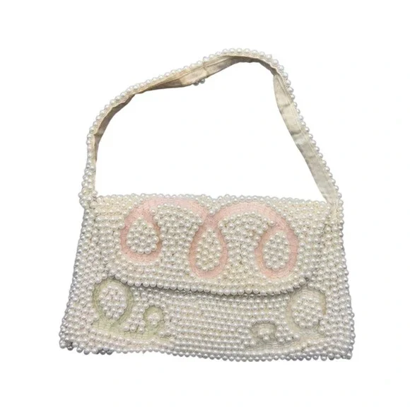 Vintage 1950s Emson made In Japan Beaded Purse White, Pink, Blue, Green Accent