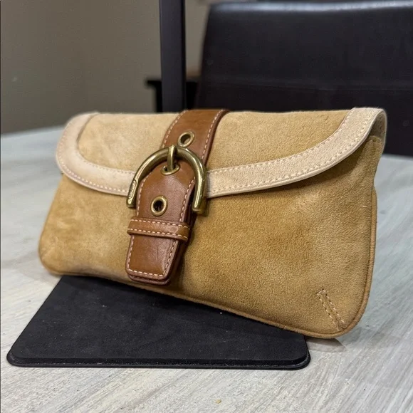 Vintage Coach Legacy Tan and Brown Suede Wristlet with Gold Hardware