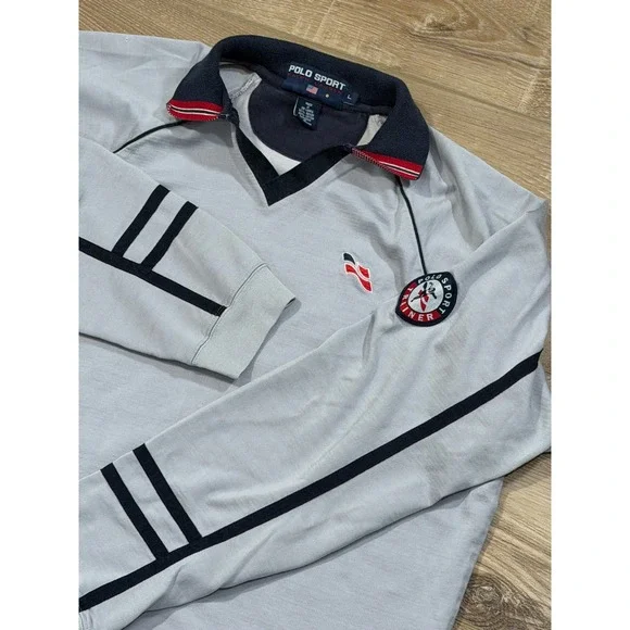 Vintage Polo Sport Ralph Lauren Gray Long Sleeve Trainer Shirt Mens Large V-Neck