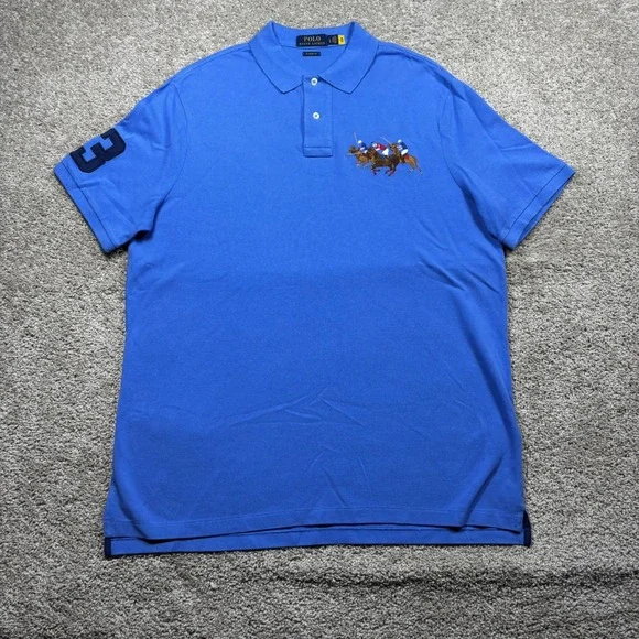 Polo Ralph Lauren Mens Blue Triple Pony Classic Fit SS Flesh 3 Polo Shirt L