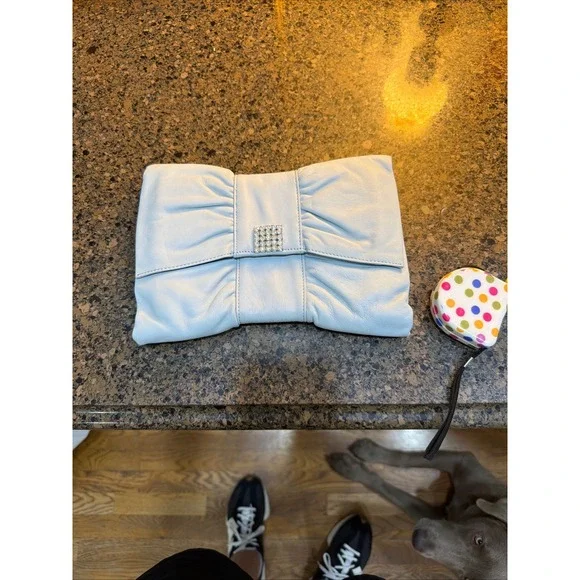 Banana Republic Light Blue Leather Bow Clutch Rhinestone Buckle Evening Bag