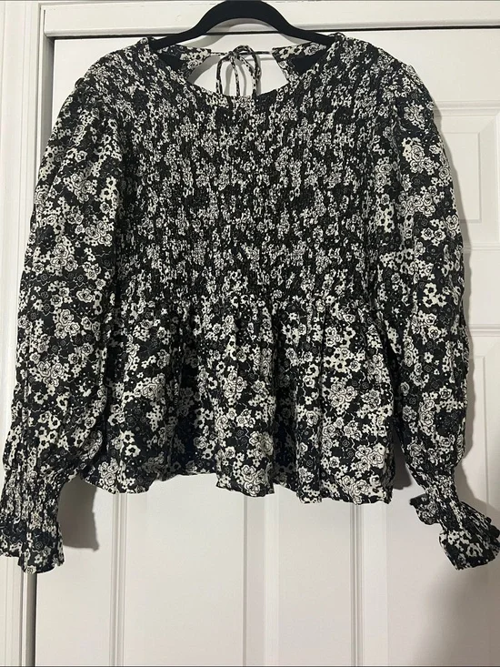 Anthropologie Black and White Smocked Floral Peplum Blouse