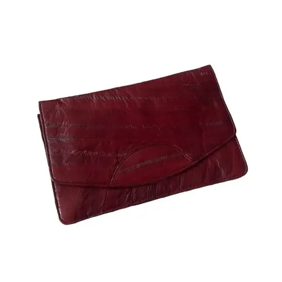 Vintage 1970s Eel Skin Clutch Bag Foldover Deep Red GUC