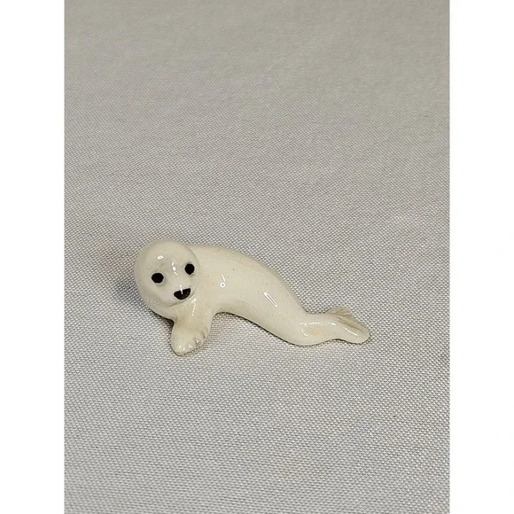 Miniature Ceramic Seal Figurine Glossy White Glazed Porcelain Tiny Sea Life Deco
