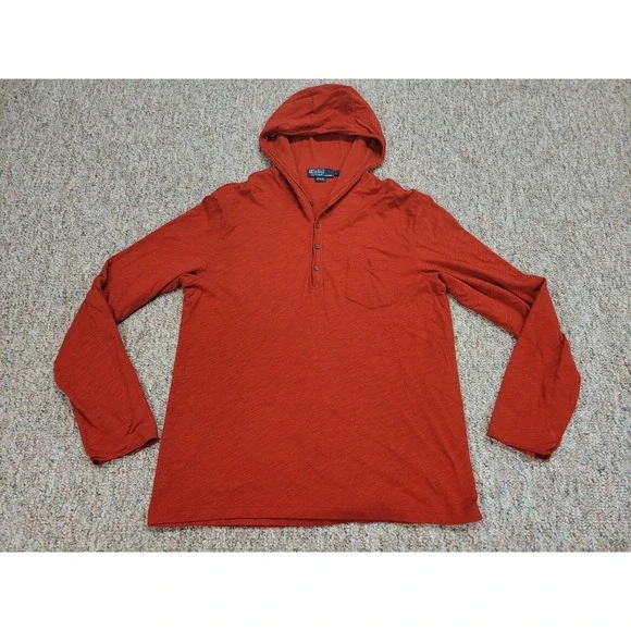 Polo Ralph‎ Lauren Shirt Mens Large Red Henley Hoodie Pullover Double Layer Pima