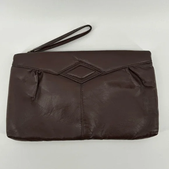 Vintage Dark Brown Soft Leather Wristlet Clutch Bag Made in Hong Kong Minimalist