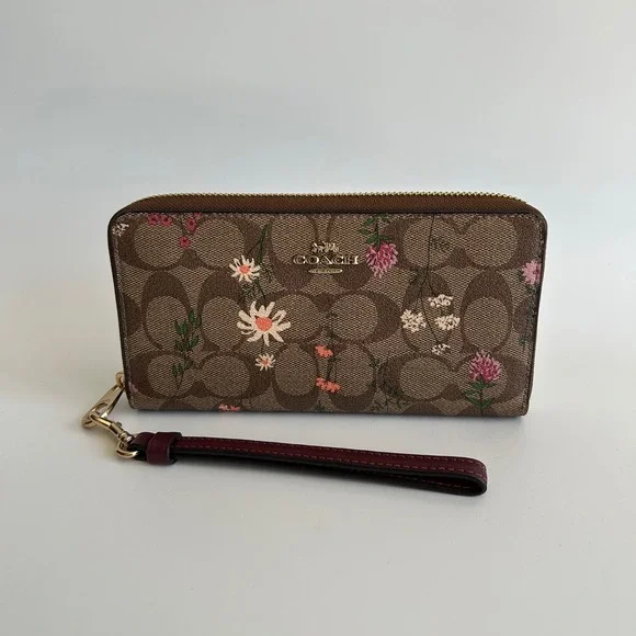 Coach Accordion Wildflower Tan Signature Canvas Wristlet Wallet Excellent