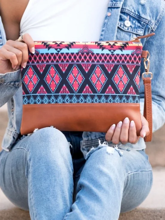 Aztec Western Clutch Wristlet | Blue Black Tribal Print | Vegan Leather Pouch