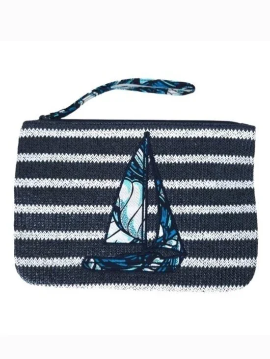 NWOT Vera Bradley Navy Blue Striped Sailboat Shore Enough Straw Wristlet Handbag