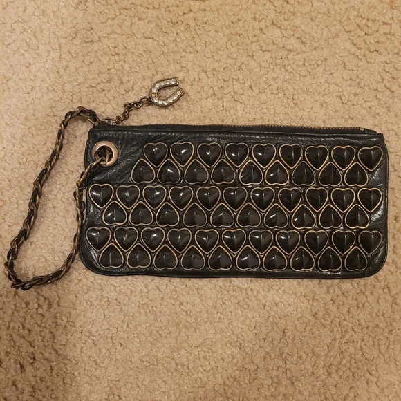 Rare Betsy Johnson‎ Studded Black Heart Leather Clutch Chain and Leather Strap