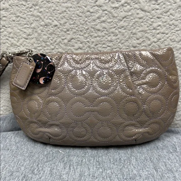 Coach Taupe Quilted Patent Wristlet Clutch