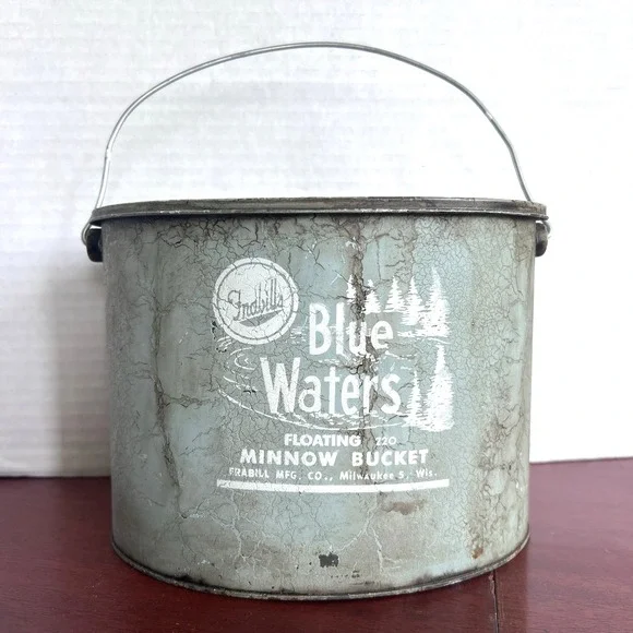 VTG Frabill Blue Waters Floating 220 Oval Metal Minnow Bucket Cabin Decor USA
