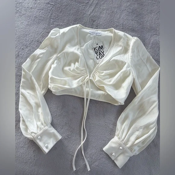 Kimberly Taylor Cream White Long Sleeve V Neck Hook Tie Front Blouse Top S XS