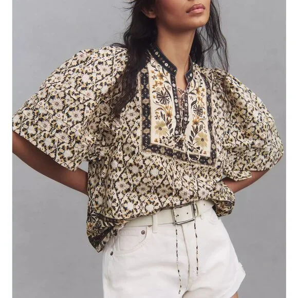 By Anthropologie Pleated Puff-Sleeve Blouse Black Motif Medium