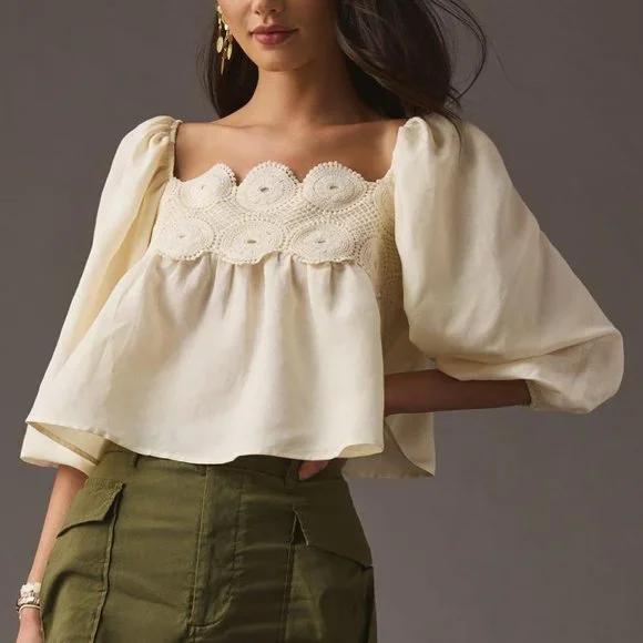 By Anthropologie Lace Babydoll Top Cream - Large Petite LP