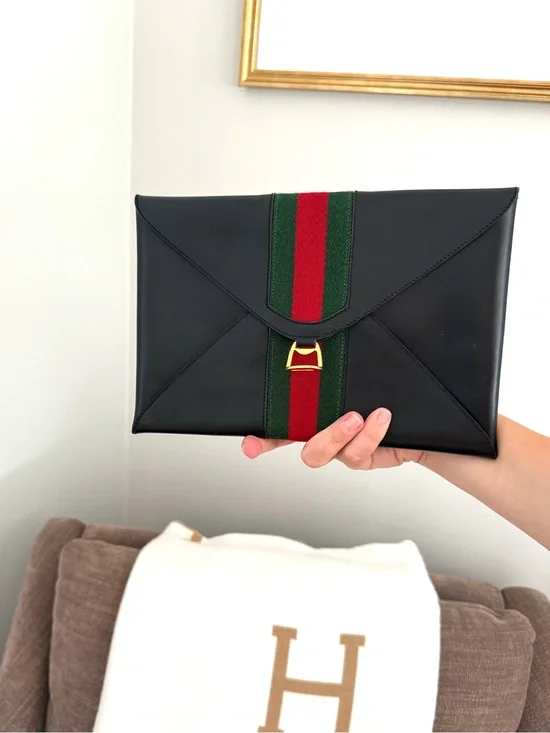 Authentic Gucci vintage black leather clutch bag red green accents