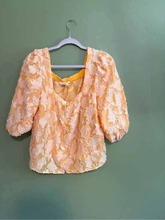 Anthropologie Yellow Puff-Sleeve Textured Blouse