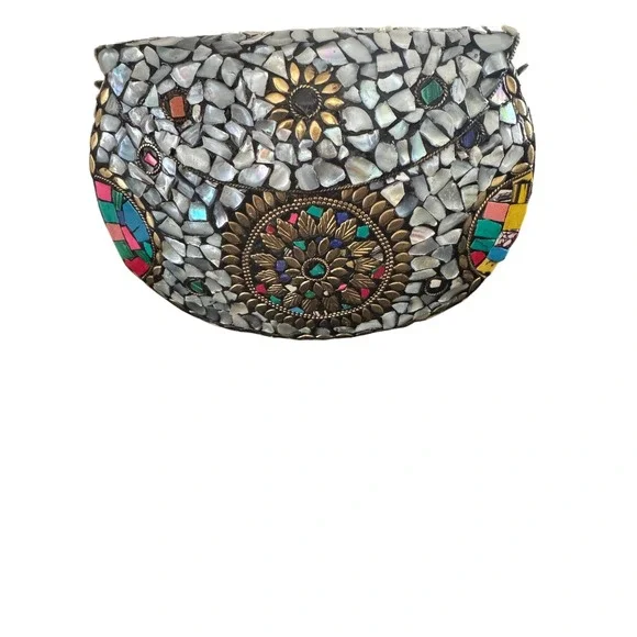 RAMLA Clutch Womens OS White Mother of Pearl Mosaic‎ Handmade Boho Evening Bag