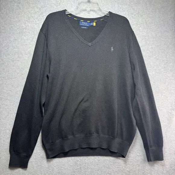Polo Ralph Lauren Sweater Men Large Pima Cotton V-Neck Herringbone Gray Charcoal