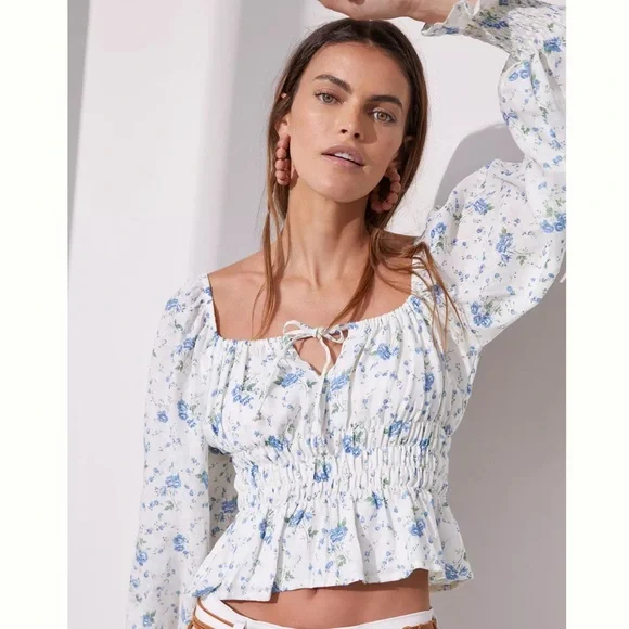 Revolve Faithfull the Brand Long Sleeve Smocked Gillian Top Blue Astoria Floral