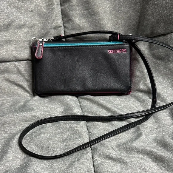 Skechers Crossbody Detachable Straps Card Holder Zip Pouch‎ Wallet Blk pink teal