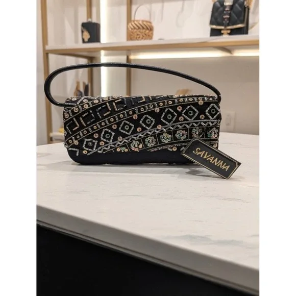 NWT‎ Savanna Black Satin Beaded Evening Clutch Bag Y2K Prom Dark Academia