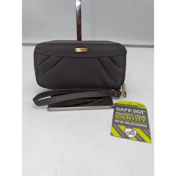 Travelon RFID Blocking Wristlet Wallet Gray Purple Nylon Travel Clutch New