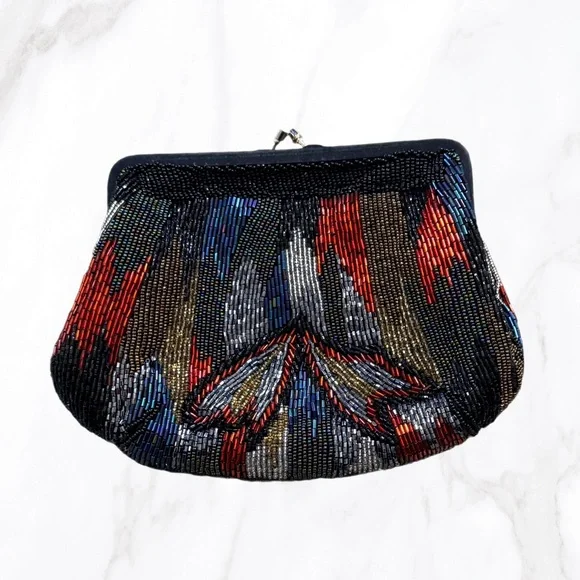Vintage Palizzio Kiss Lock‎ Multicolor Beaded Evening Clutch