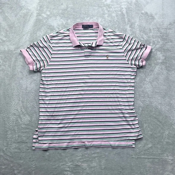 Polo Ralph Lauren Polo Shirt Men XL Pink Green Striped Pima Soft Touch Short Slv