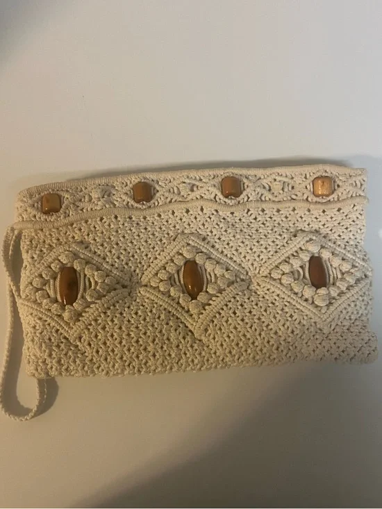 Vintage Mid Century Cream Macrame Clutch with Wood Bead Accents 11x6in Bohemian