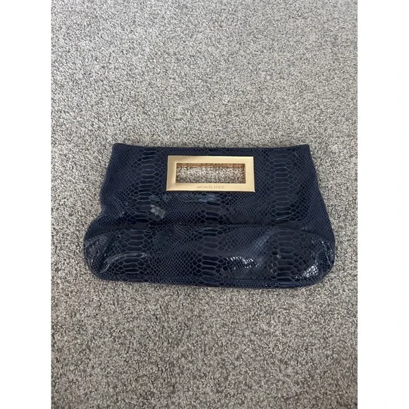 Michael Kors Navy Blue Snakeskin Embossed Patent Leather Gold Handle Clutch Bag