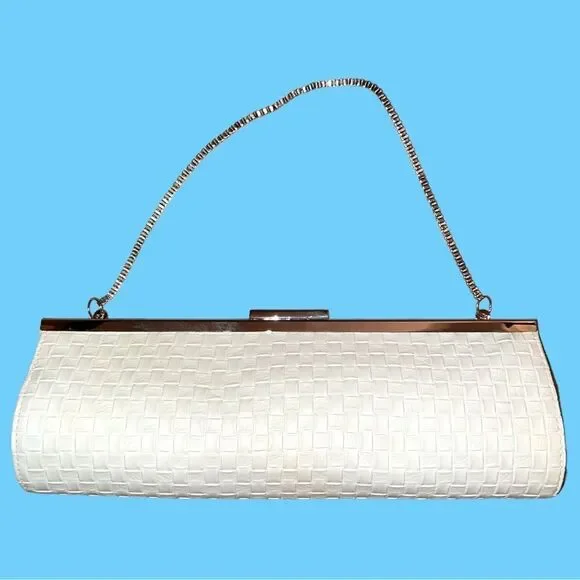 Vintage white faux leather weaved design roll clutch with silver trim and chain!