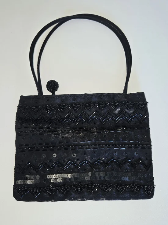 Black Beaded And Sequin  And Sparkle Evening Hand Bag For Women. Hand Carry