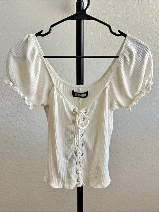 Reformation Cream Ribbed Lace-Up Puff Short Sleeve Top