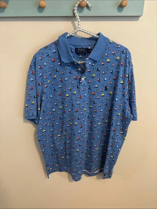 Polo by Ralph Lauren Blue Polo with Multicolor Sailboat Print size large