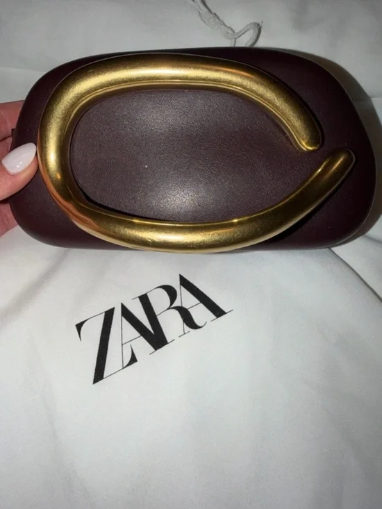 Zara NWT Brown Leather box bag Clutch with Gold Hardware