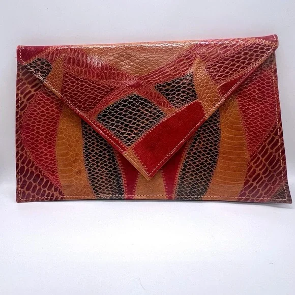 Vintage Brown Multicolor Leather Patchwork Clutch Purse Wristlet‎ Handbag INDIA