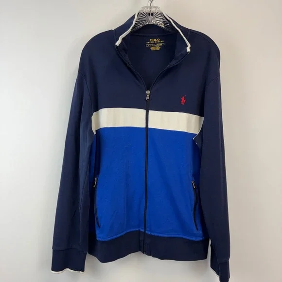 Polo Ralph Lauren Mens Full Zip Track Jacket Navy Blue White Colorblock Large