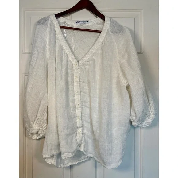 Zara‎ Womens XS/S White Linen Blend Oversized Boho Button Front Puff Sleeve Top