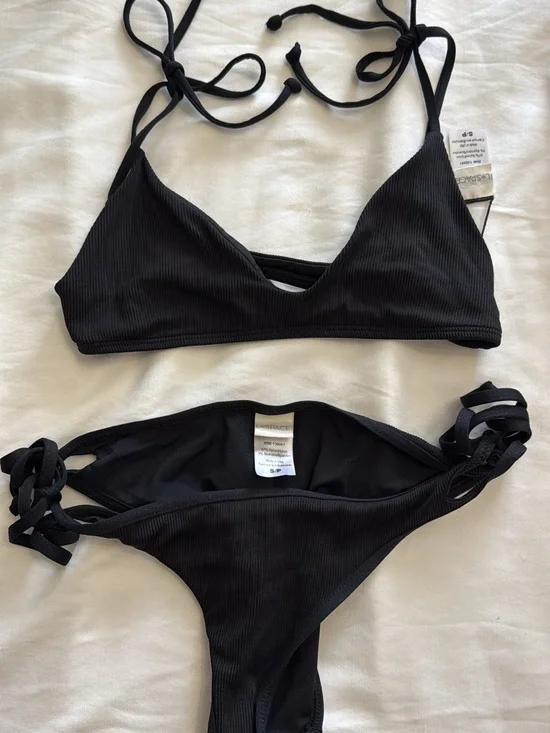 l*space Black Ribbed Triangle Bikini Set