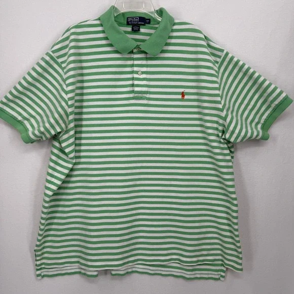 Polo Ralph Lauren Shirt Mens 3XB Green White Striped Short Sleeve Pique Cotton