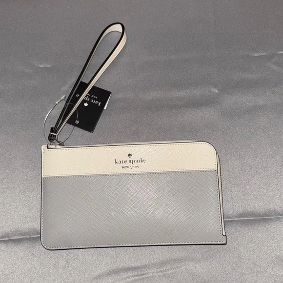 Kate‎ Spade New York Gray & Cream Zip Wristlet Wallet Saffiano Leather NEW