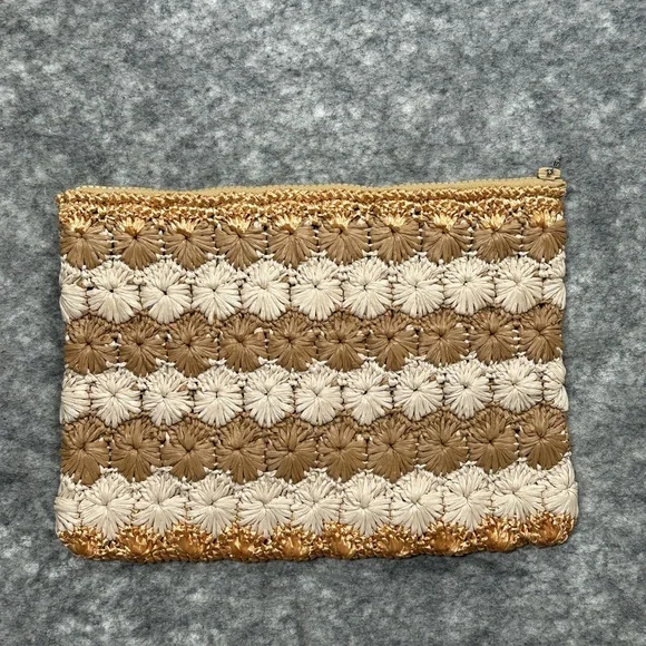 Carrie Forbes Woven Raffia Clutch Cosmetic Bag Beige Cream Crochet Brown Fall