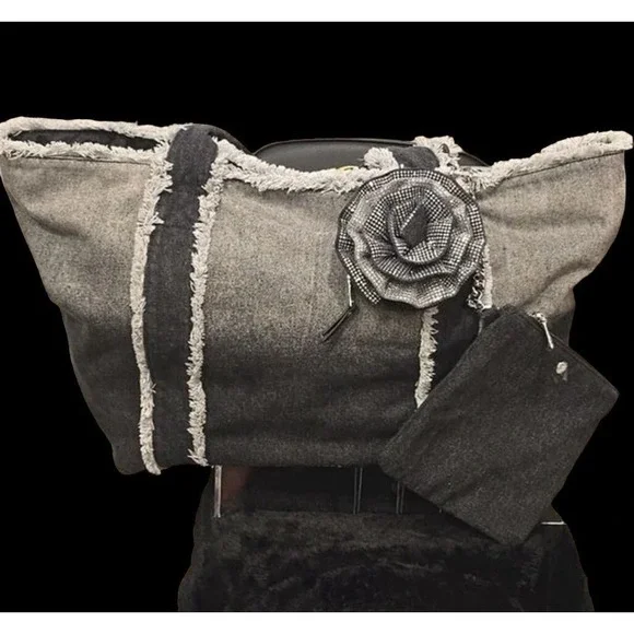 Steve Madden BBecki Distressed‎ Denim Tote Bag w/Flower Coin Wa& Wristlet